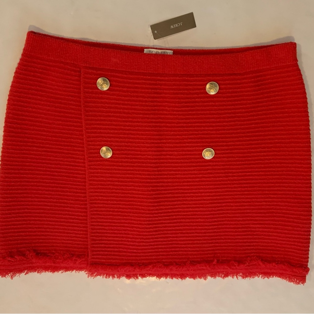 NWT J. Crew Red Faux Wrap Stretch Sweater Gold Buttons Skirt Frayed Hem XL - Picture 2 of 11